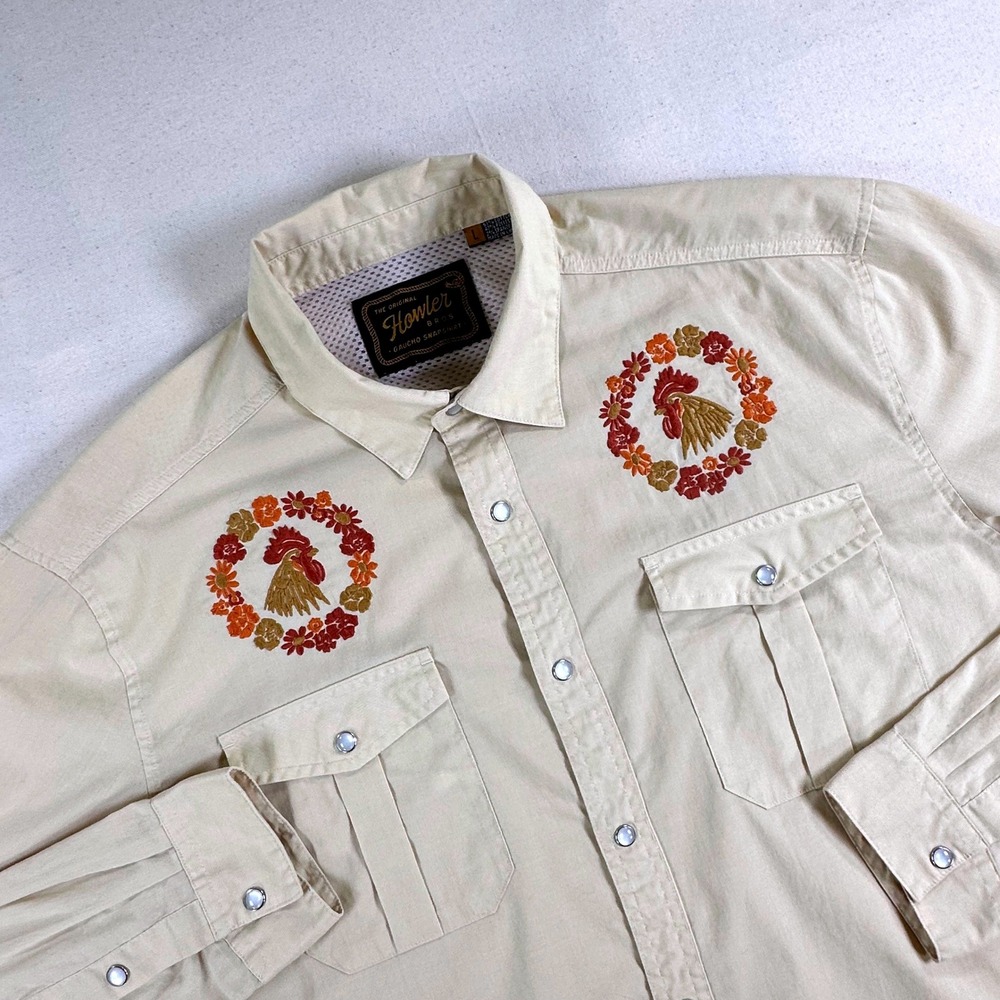 Howler Brothers Gaucho Snapshirt Mens L Tan Rooster Embroidered Western Snap